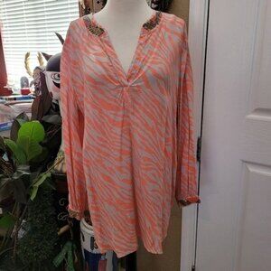 Chicos Tunic Top Gray Orange Size 2 Large Sequins Embellished Beads Animal Print